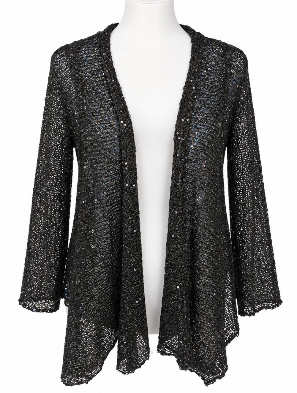 Matty M Black Sequin Open Knit Tie Front Cardigan Women’s Medium